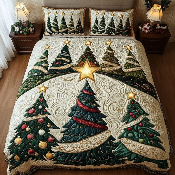 Holiday Glow quilted 3-piece bedding set on a made bed in a winter-styled bedroom