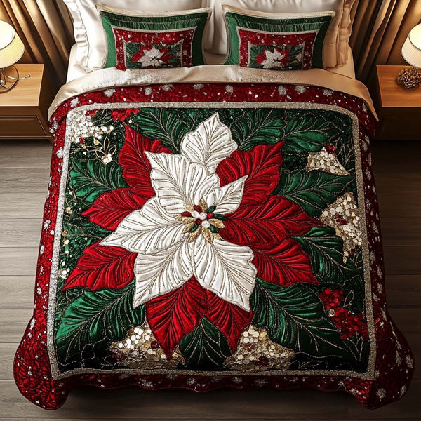 Holiday Glow quilted 3-piece bedding set on a made bed in a winter-styled bedroom