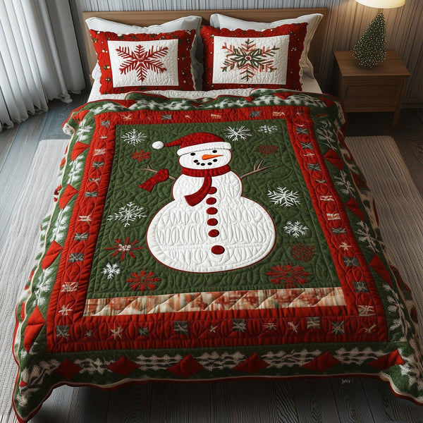 Holiday Glow quilted 3-piece bedding set on a made bed in a winter-styled bedroom