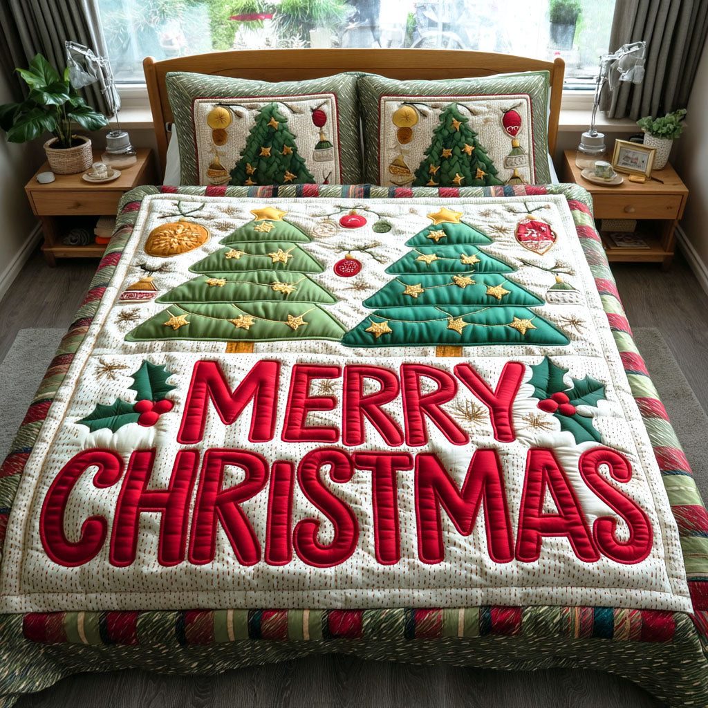 Holiday Glow quilted 3-piece bedding set on a made bed in a winter-styled bedroom