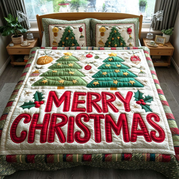 Holiday Glow quilted 3-piece bedding set on a made bed in a winter-styled bedroom