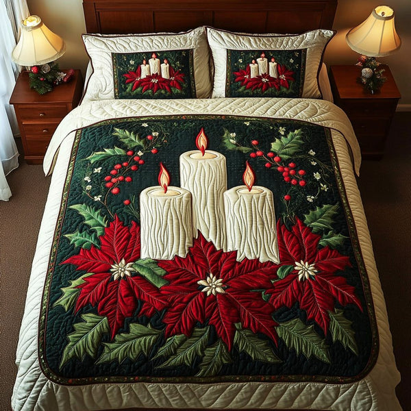 Holiday Glow quilted 3-piece bedding set on a made bed in a winter-styled bedroom