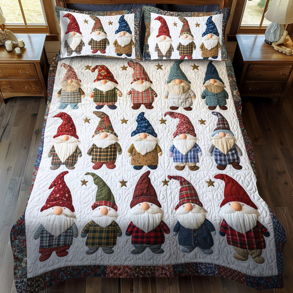 Holiday Gnome Cheer quilted 3-piece bedding set on a made bed in a winter-styled bedroom