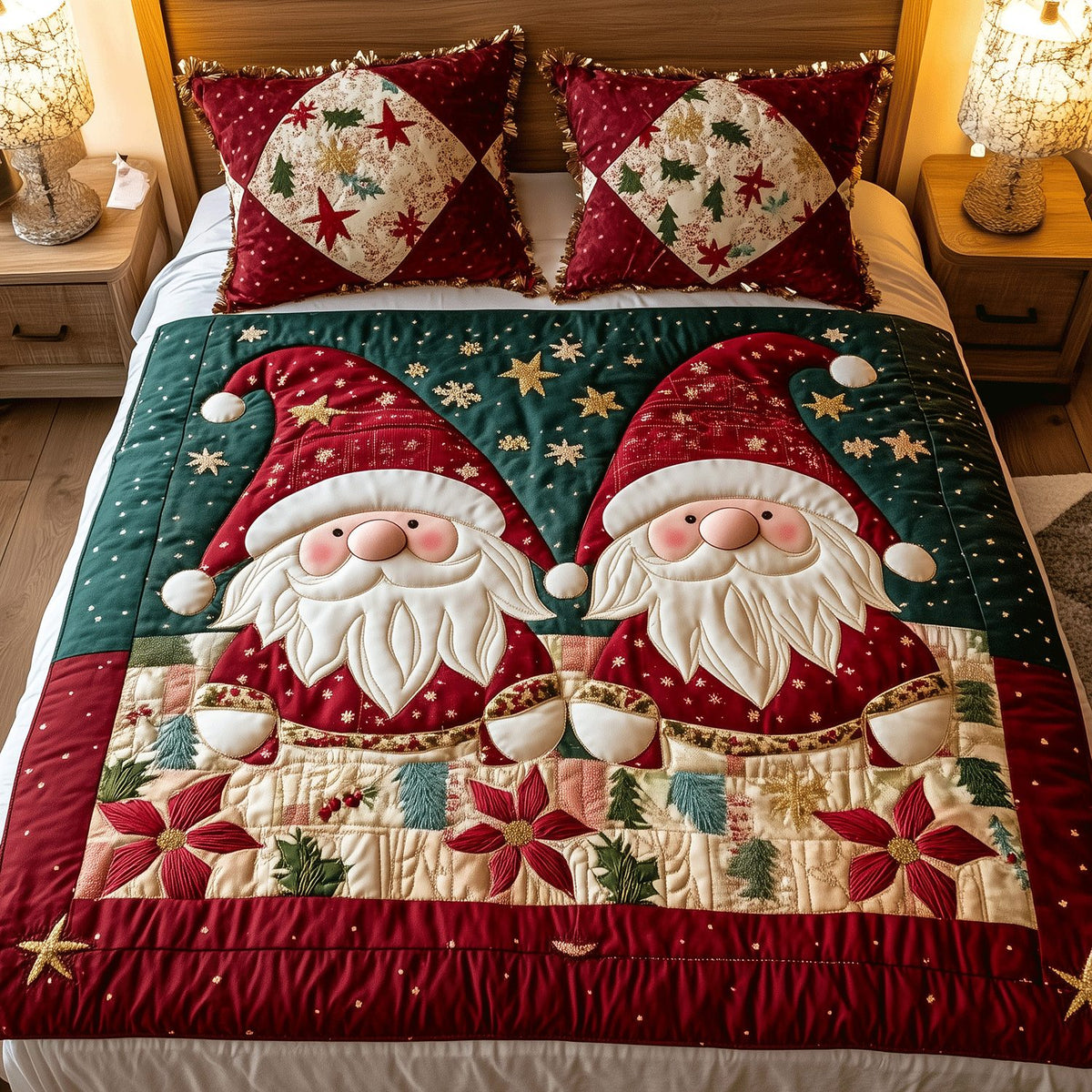 Holiday Gnomes quilted 3-piece bedding set on a made bed in a winter-styled bedroom
