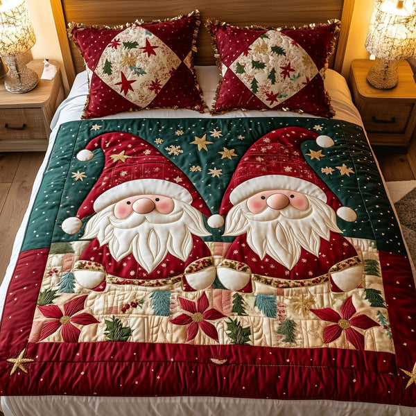 Holiday Gnomes quilted 3-piece bedding set on a made bed in a winter-styled bedroom