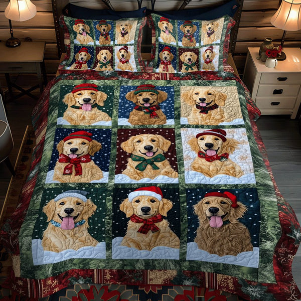 Holiday Golden Pups quilted 3-piece bedding set on a made bed in a winter-styled bedroom
