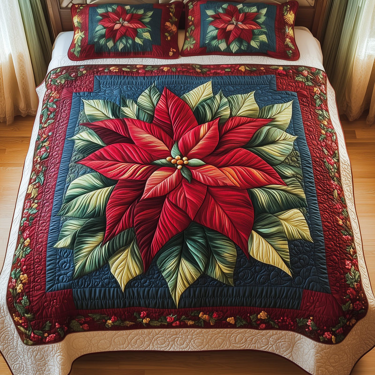 Holiday Grace quilted 3-piece bedding set on a made bed in a winter-styled bedroom
