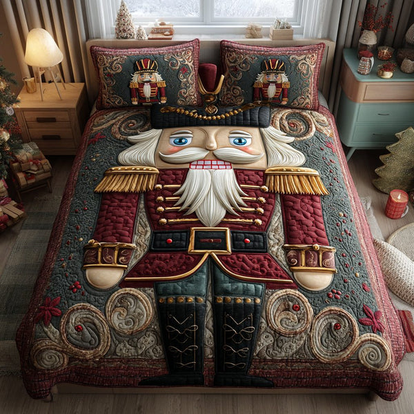 Holiday Guardians quilted 3-piece bedding set on a made bed in a winter-styled bedroom