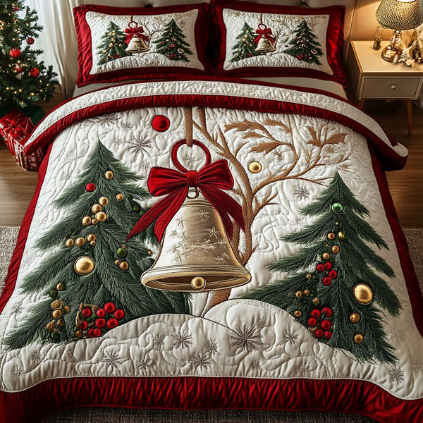 Holiday Harmony quilted 3-piece bedding set on a made bed in a winter-styled bedroom