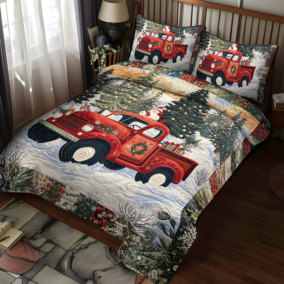 Holiday Haul quilted 3-piece bedding set on a made bed in a winter-styled bedroom