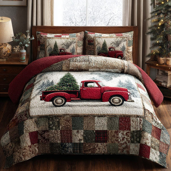 Holiday Haul quilted 3-piece bedding set on a made bed in a winter-styled bedroom