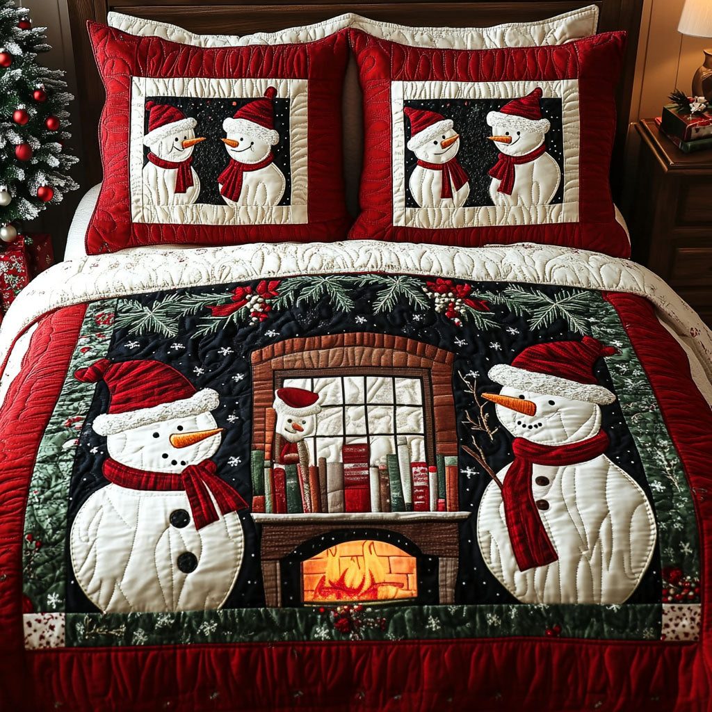 Holiday Haul quilted 3-piece bedding set on a made bed in a winter-styled bedroom