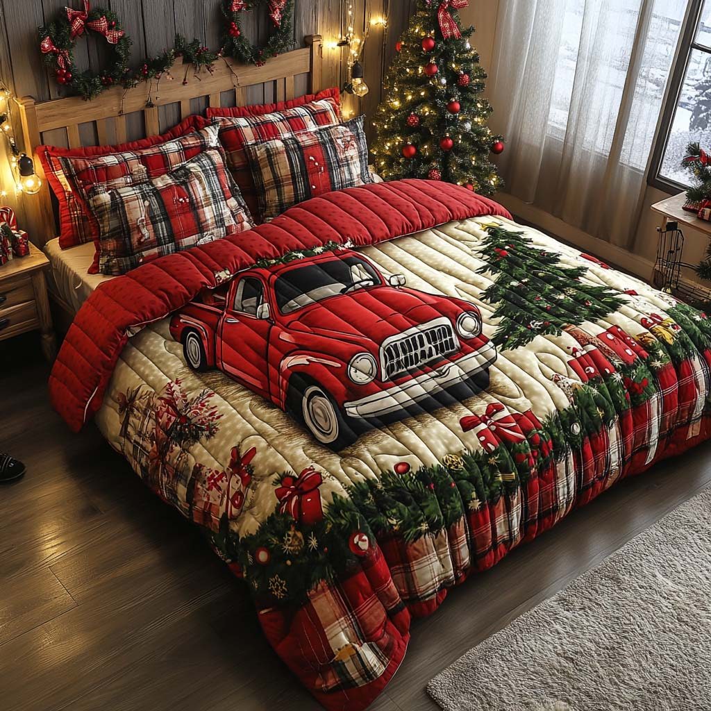 Holiday Haul quilted 3-piece bedding set on a made bed in a winter-styled bedroom