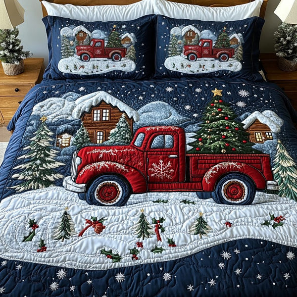 Holiday Hauler quilted 3-piece bedding set on a made bed in a winter-styled bedroom