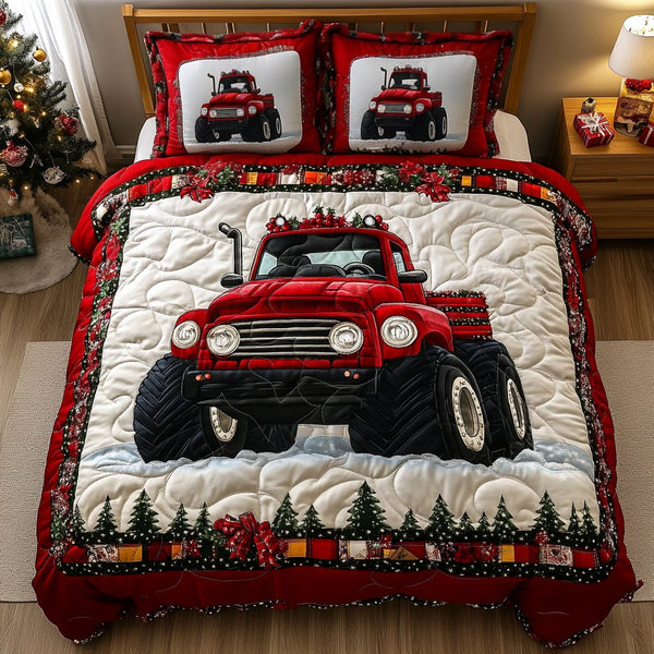 Holiday Hauler quilted 3-piece bedding set on a made bed in a winter-styled bedroom