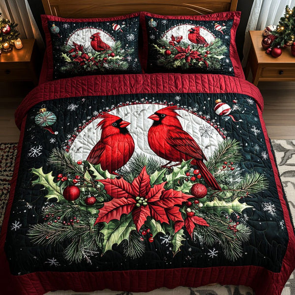 Holiday Haven quilted 3-piece bedding set on a made bed in a winter-styled bedroom