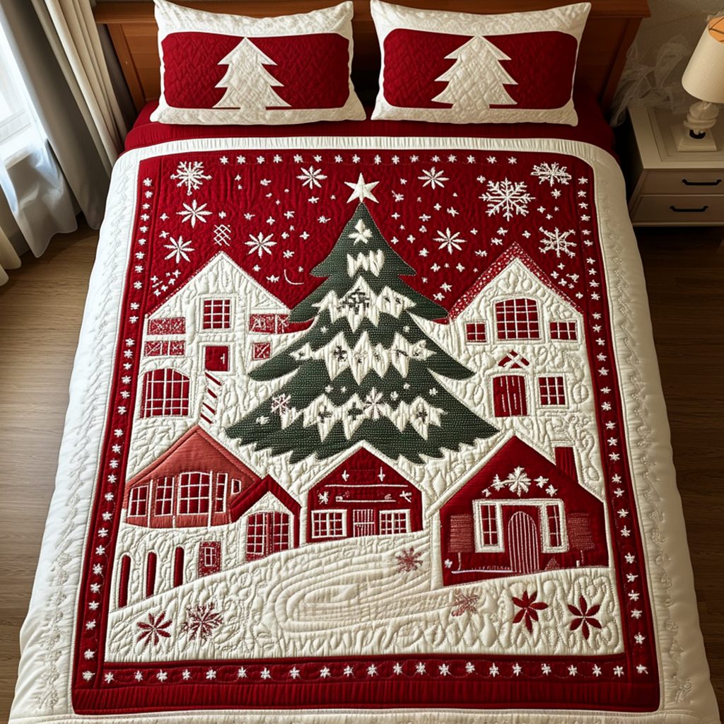 Holiday Haven quilted 3-piece bedding set on a made bed in a winter-styled bedroom