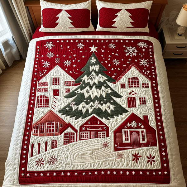 Holiday Haven quilted 3-piece bedding set on a made bed in a winter-styled bedroom