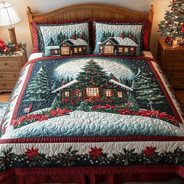 Holiday Hearth Lights quilted 3-piece bedding set on a made bed in a winter-styled bedroom