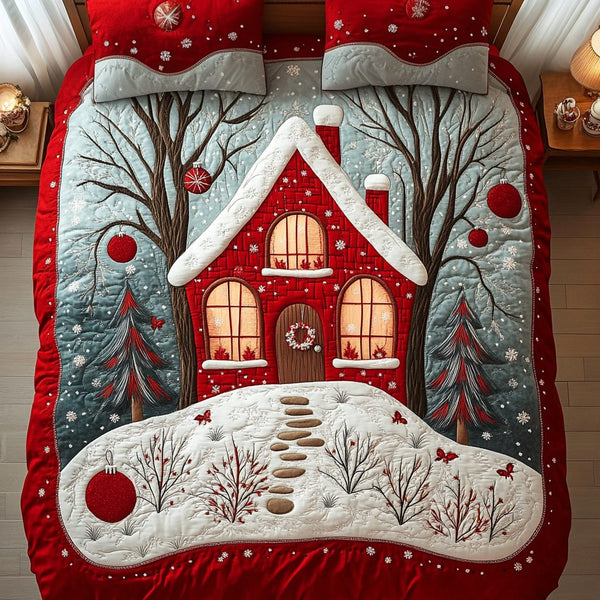 Holiday Hearth quilted 3-piece bedding set on a made bed in a winter-styled bedroom