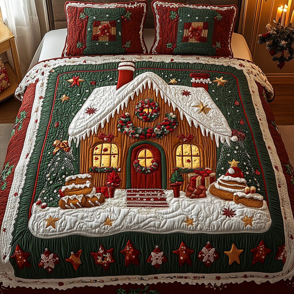 Holiday Hearth quilted 3-piece bedding set on a made bed in a winter-styled bedroom