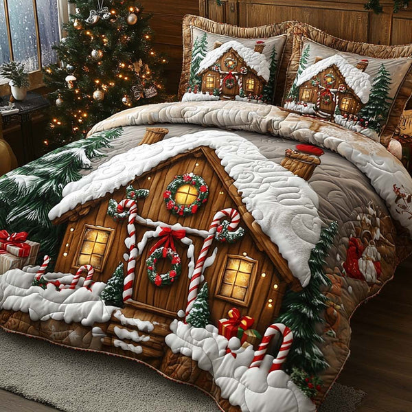 Holiday Hearth quilted 3-piece bedding set on a made bed in a winter-styled bedroom