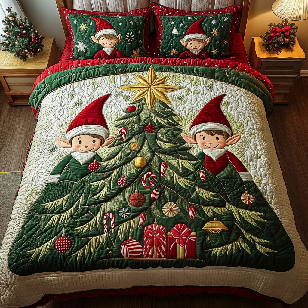 Holiday Helper quilted 3-piece bedding set on a made bed in a winter-styled bedroom