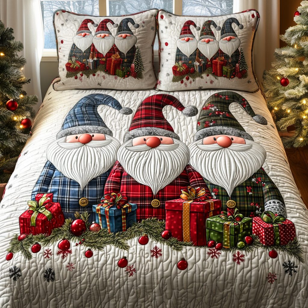 Holiday Helpers quilted 3-piece bedding set on a made bed in a winter-styled bedroom