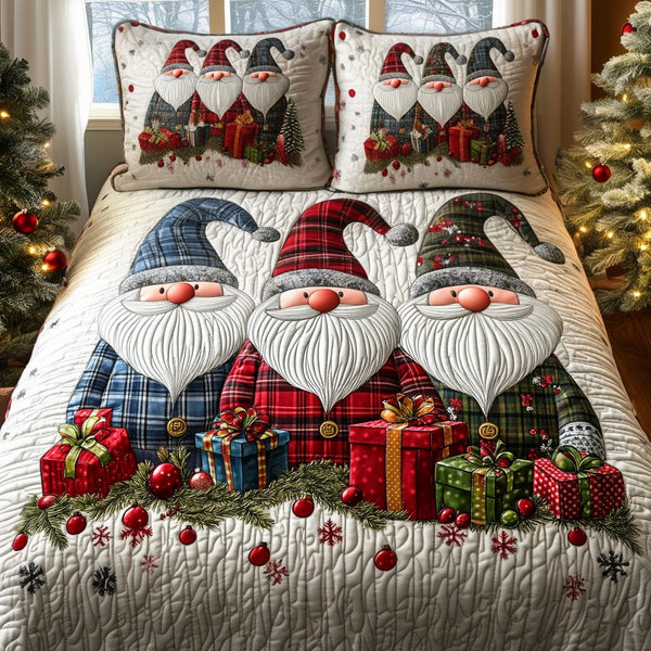 Holiday Helpers quilted 3-piece bedding set on a made bed in a winter-styled bedroom