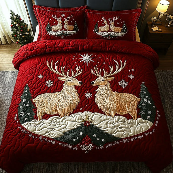 Holiday Herd quilted 3-piece bedding set on a made bed in a winter-styled bedroom