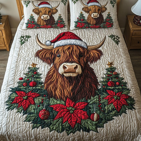 Holiday Herd quilted 3-piece bedding set on a made bed in a winter-styled bedroom