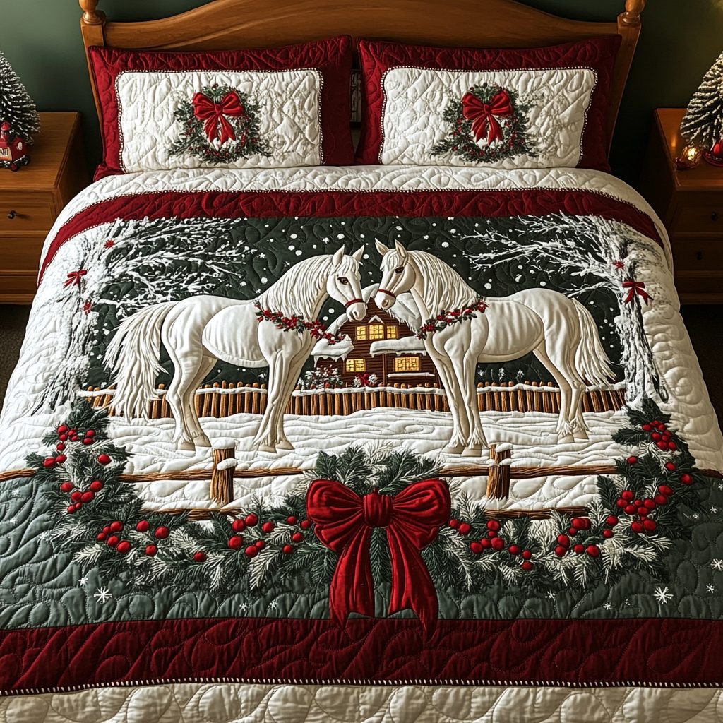Holiday Herd quilted 3-piece bedding set on a made bed in a winter-styled bedroom