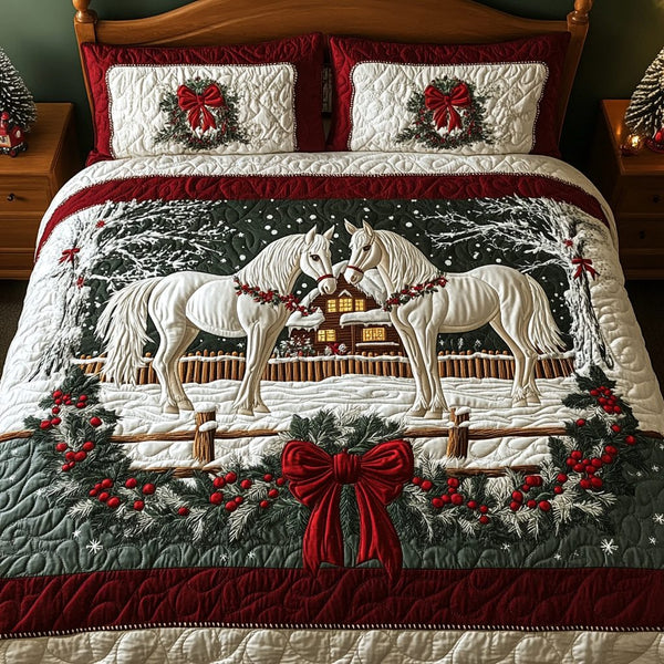 Holiday Herd quilted 3-piece bedding set on a made bed in a winter-styled bedroom