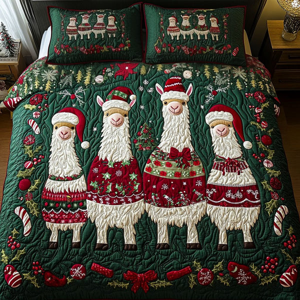 Holiday Herd quilted 3-piece bedding set on a made bed in a winter-styled bedroom