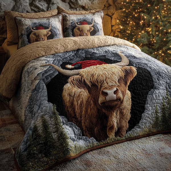 Holiday Highland Cow quilted 3-piece bedding set on a made bed in a winter-styled bedroom