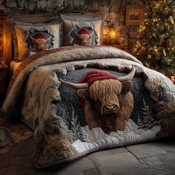 Holiday Highland Cow quilted 3-piece bedding set on a made bed in a winter-styled bedroom