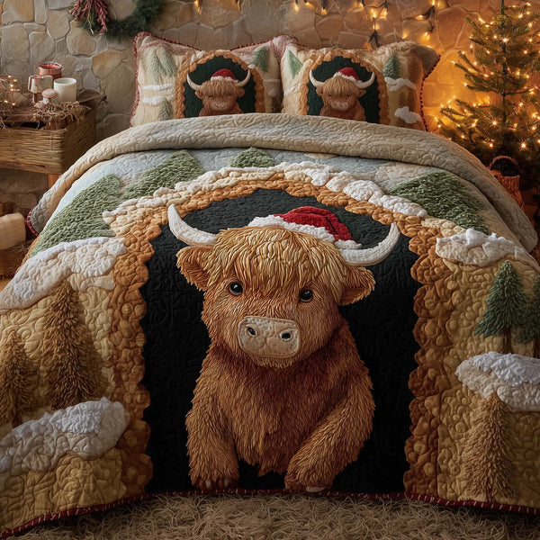 Holiday Highland Cow quilted 3-piece bedding set on a made bed in a winter-styled bedroom