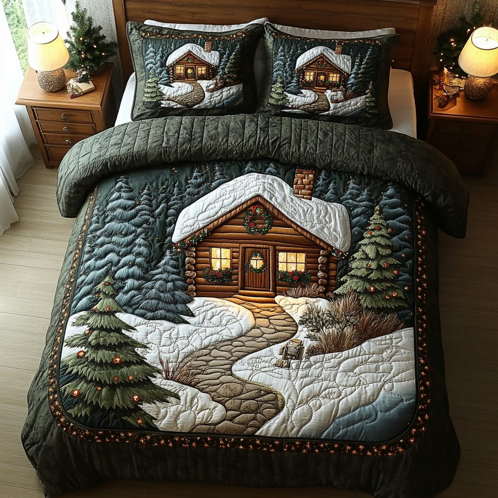Holiday Home quilted 3-piece bedding set on a made bed in a winter-styled bedroom