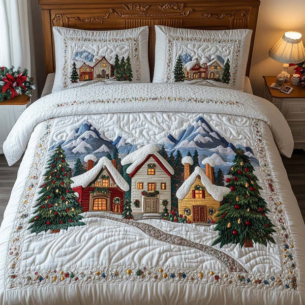 Holiday Homes quilted 3-piece bedding set on a made bed in a winter-styled bedroom