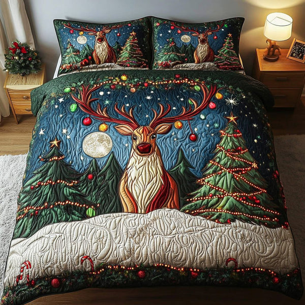 Holiday Hoofprints quilted 3-piece bedding set on a made bed in a winter-styled bedroom