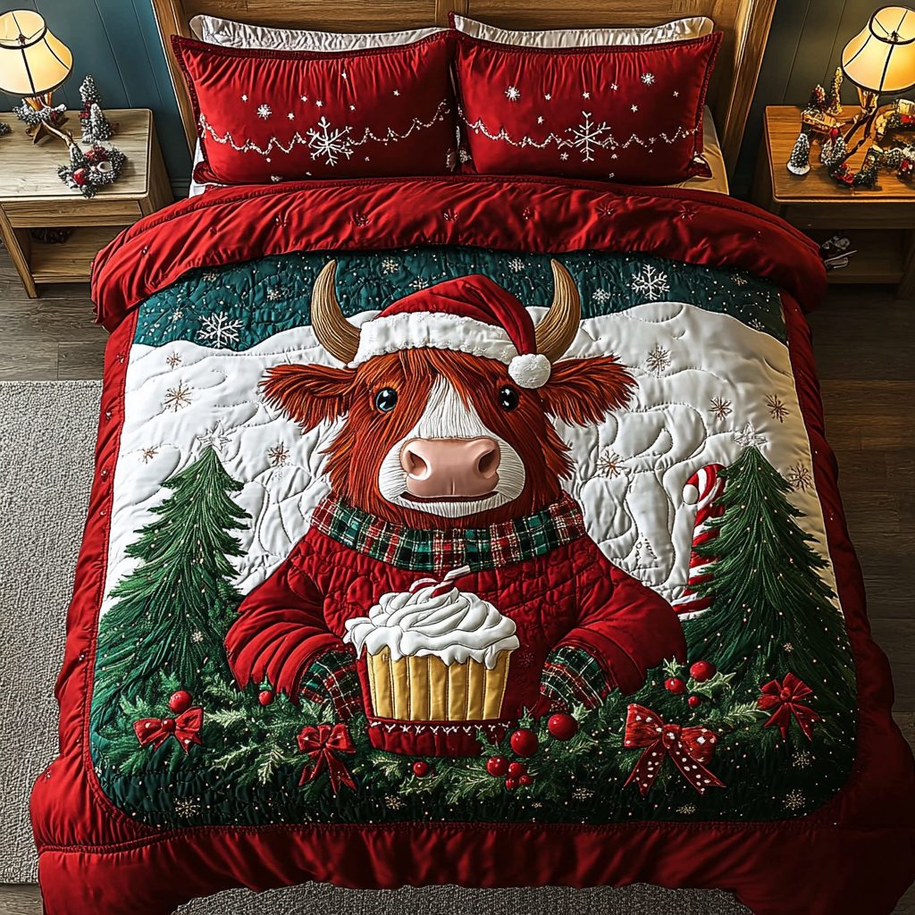 Holiday Horns quilted 3-piece bedding set on a made bed in a winter-styled bedroom