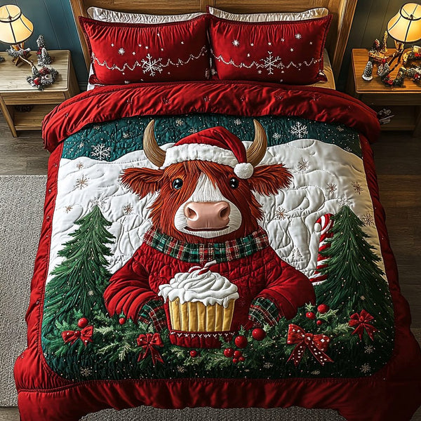 Holiday Horns quilted 3-piece bedding set on a made bed in a winter-styled bedroom