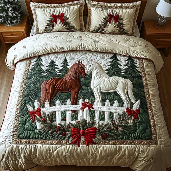 Holiday Horses quilted 3-piece bedding set on a made bed in a winter-styled bedroom