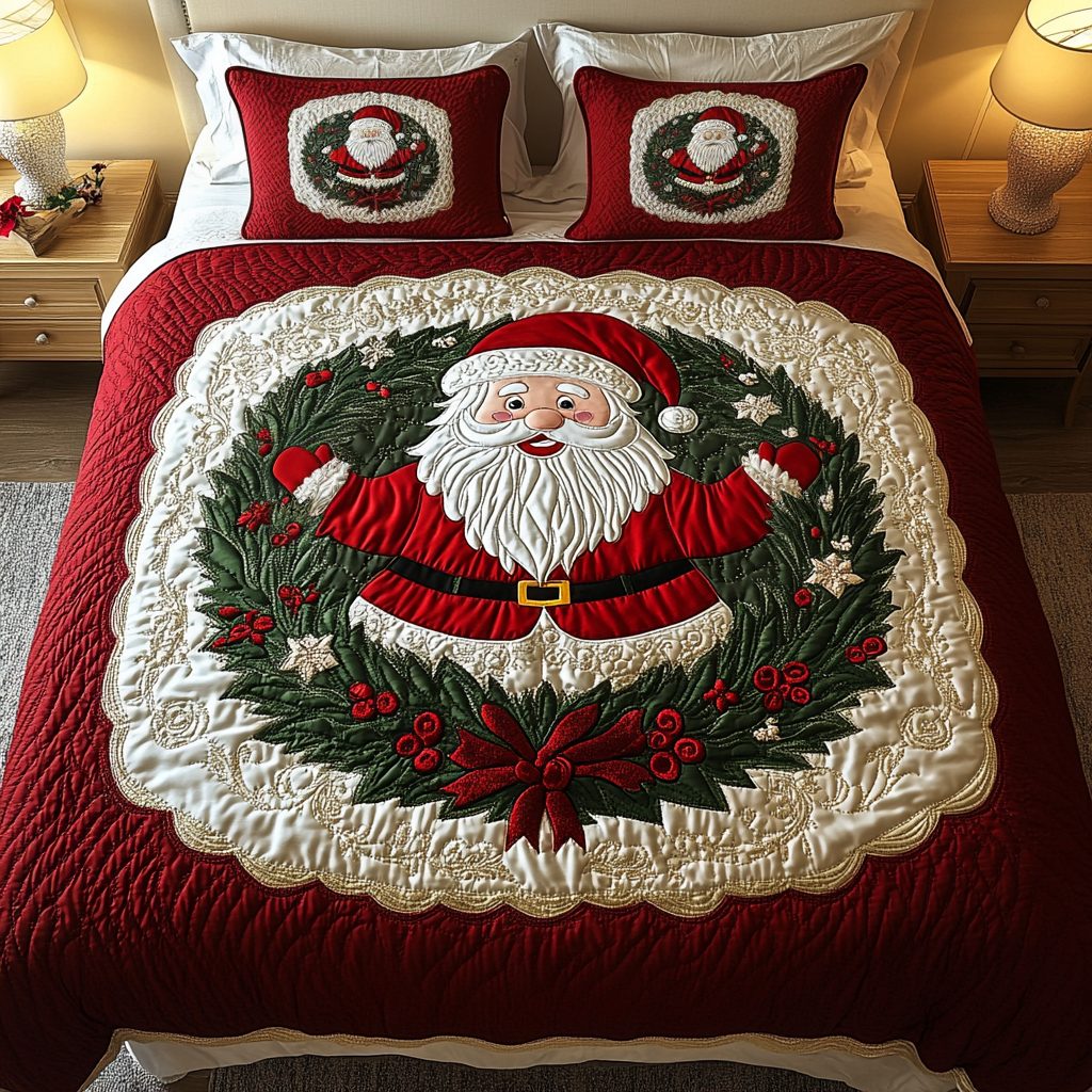 Holiday Hug quilted 3-piece bedding set on a made bed in a winter-styled bedroom