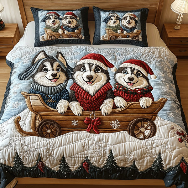 Holiday Husky Spirit quilted 3-piece bedding set on a made bed in a winter-styled bedroom