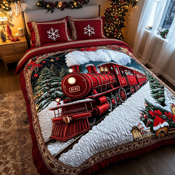 Holiday Journey quilted 3-piece bedding set on a made bed in a winter-styled bedroom