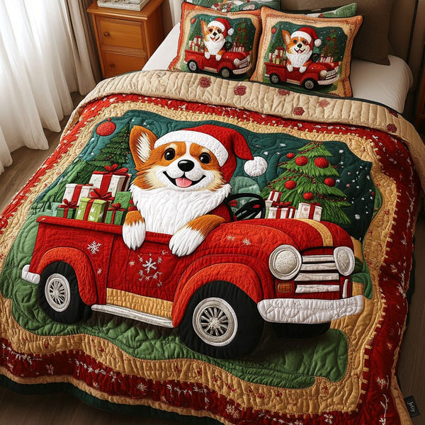 Holiday Joy quilted 3-piece bedding set on a made bed in a winter-styled bedroom