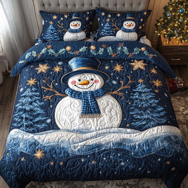 Holiday Joy quilted 3-piece bedding set on a made bed in a winter-styled bedroom