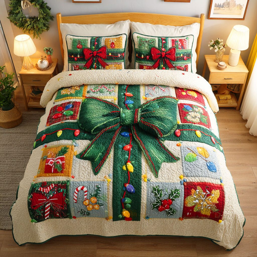 Holiday Knot quilted 3-piece bedding set on a made bed in a winter-styled bedroom