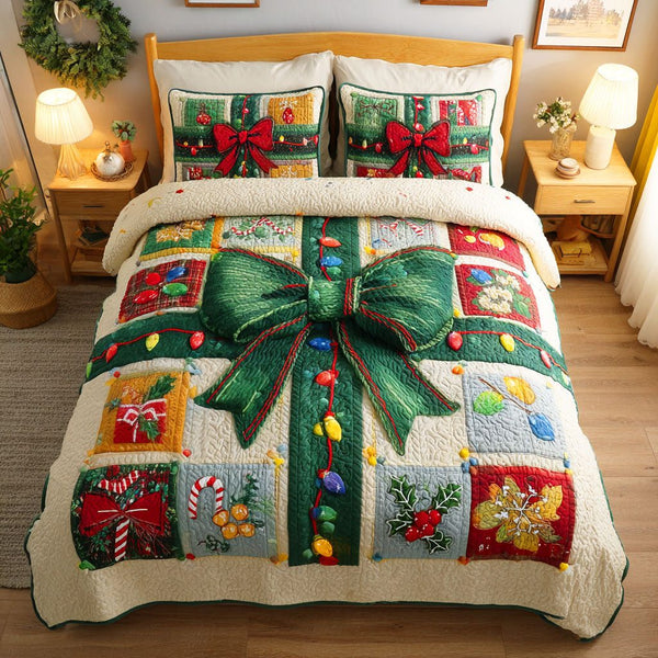 Holiday Knot quilted 3-piece bedding set on a made bed in a winter-styled bedroom